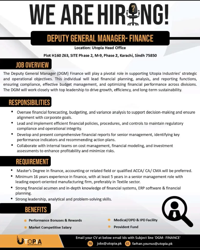 Deputy-General-Manager-Finance-Utopia-Karachi-Jobs-in-Karachi-Pakistan-visit-BTTI-Careers-page-for-more